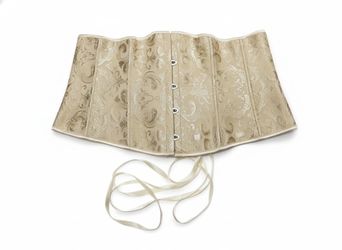 beige floral brocade corset made of a polyester blend. 