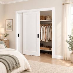 72"x80" Flat 1-Panel Bypass Sliding Closet Door White Primed Paintable Interior Door for Bedrooms with Full Hardware Kit – Lightweight, Easy-Clean & Q