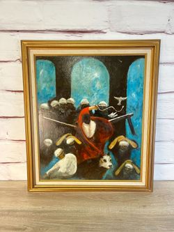 VTG Signed MCM Oil Painting Jesus Cleaning Temple?