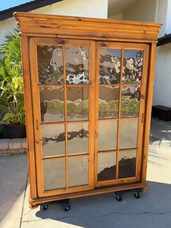 Solid Wood Pine Display Cabinet / Bookcase w/ Sliding Glass Doors