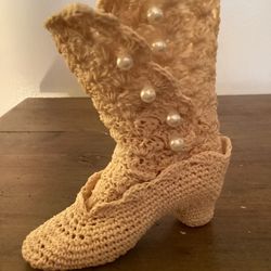 Unique handmade stiffened crochet Victorian boot with pearl accents 4.5”T x 4”W (great for tree ornament!) SEE PHOTOS! 