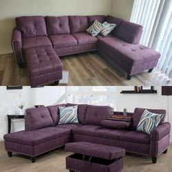 Purple linen sectional couch and ottoman