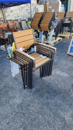 6 SunVilla Newport Stackable Patio Chair, Faux Wood Commercial Grade Patio Chair with Arms, with stacking chair bases (Chair frame)