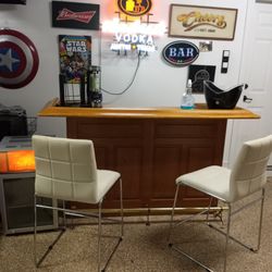 Bar And Neon Signs And Mini Fridge