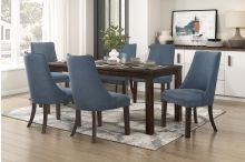 Brand new brown dining table (35.5 x 79 x 30.5H) + 6 blue linen chairs