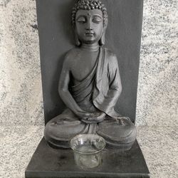 Buddah Statue Black Zen With Candle Holder 