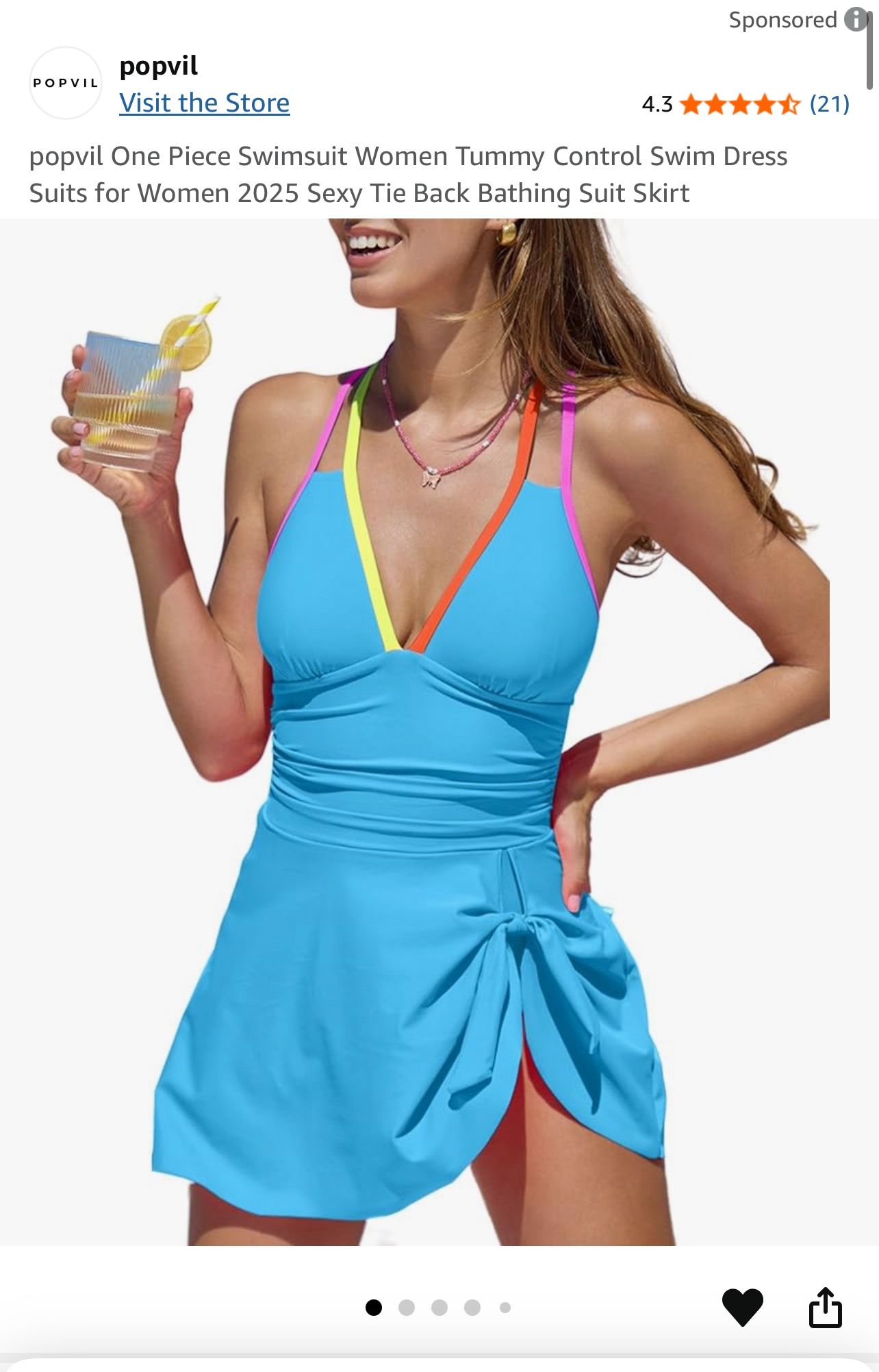Popvil One Piece Swim Dress (Blue with Neon Trim & Tie Skirt)