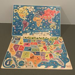 Two Wooden Puzzles. United States And World.