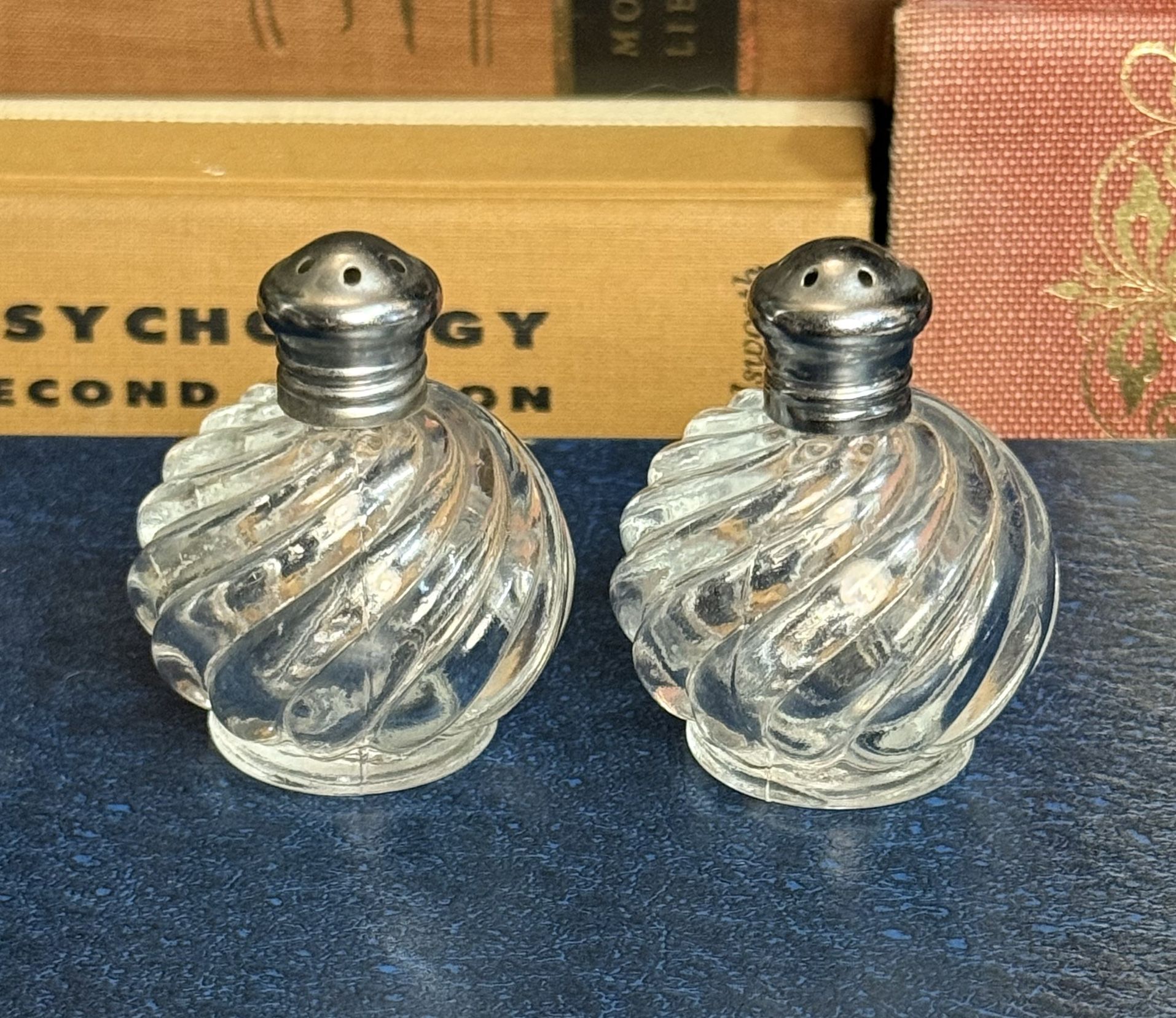Vintage Irice NY Crystal Swirl Cut Glass Salt And Pepper Shakers Chrome Tops
