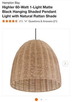 Black Hanging Shaded Pendant Light with Natural Rattan Shade