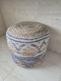 Woven Jute and Fabric Pouf Ottoman