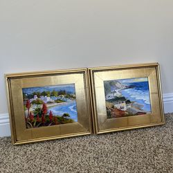 Framed Coastal Landscape Art Set of 2 Gold Frames