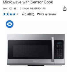 (New) Samsung 1.9 Cu. Ft. Over-the-Range Microwave with Sensor Cook