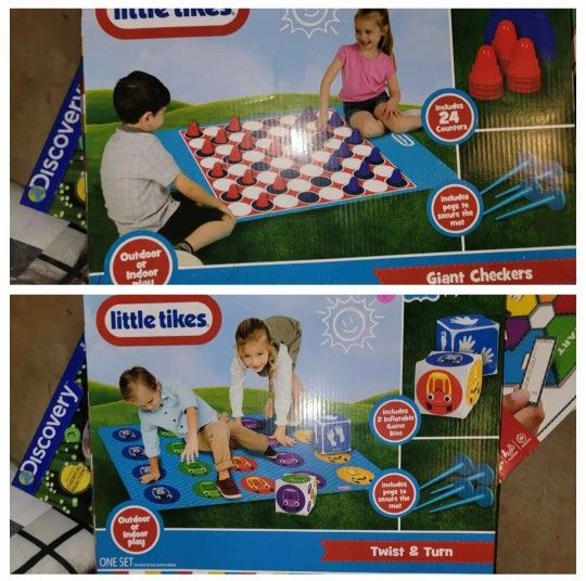 🆕️2 LITTLE TIKES YARD GAMES. TWIST AND TURN & CHECKERS. BOTH INCLUDE YARD PEGS TO HOLD THEM DOWN.