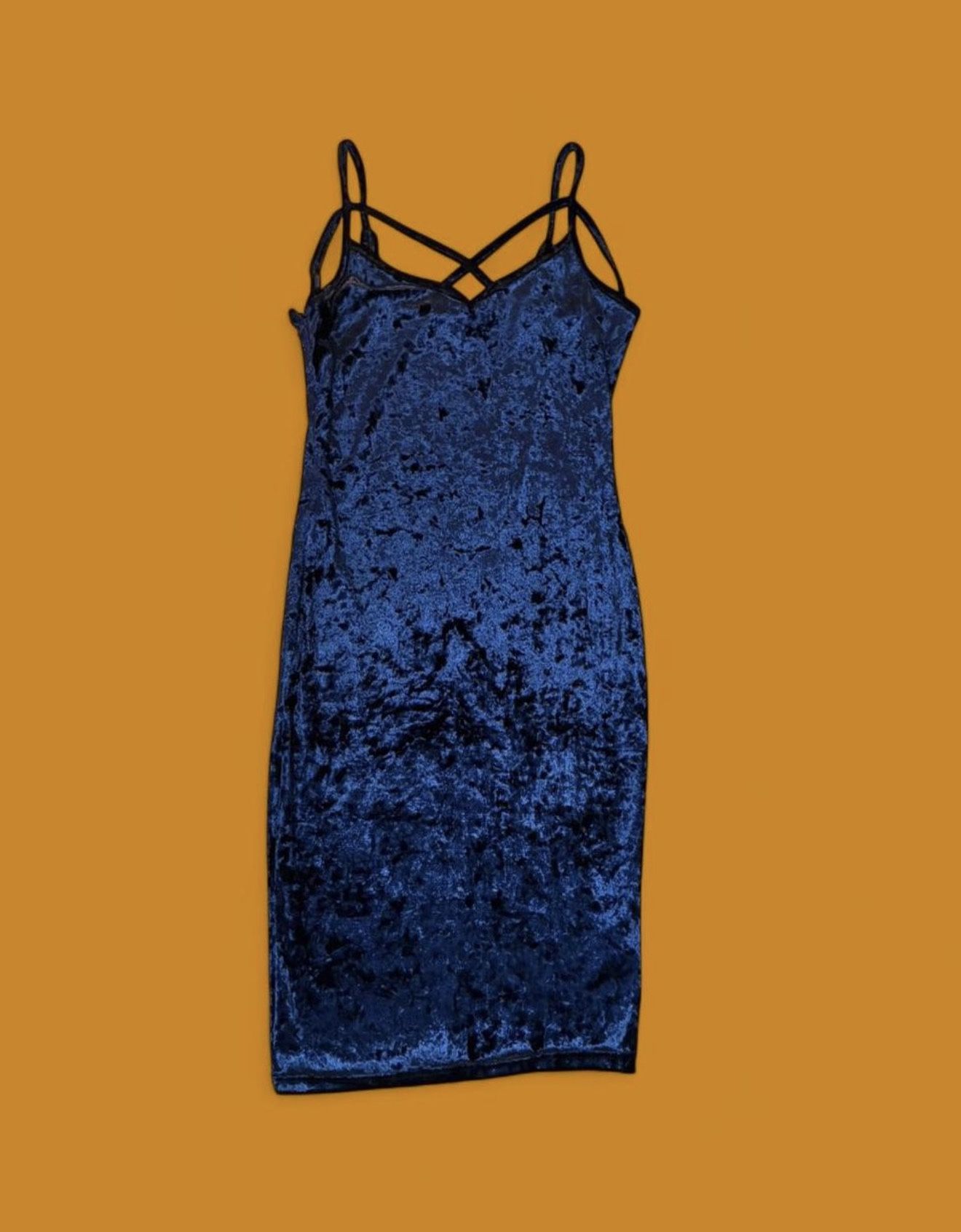 Midnight Blue Bodycon Velvet Dress With Straps 
