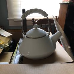 Vintage Farmhouse White  Enamelware Metal Teapot 