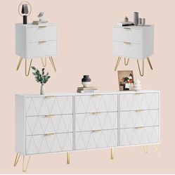 Anbuy Bedroom Sets 3 Pieces White Modern Nightstands and 9 Drawer Dresser Sets Bedside Table Set Bedroom Set 3 Pcs White