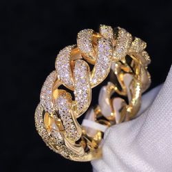 New Size 7 10mm 925S & VVS Moissanite Gold Cuban Link Ring/w/papers Marked firm 