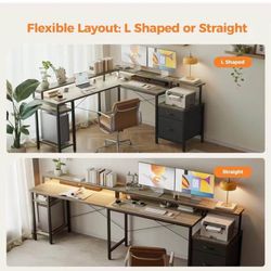 Modern L-Shaped Computer Desk with RGB Lights & Power Outlets, 