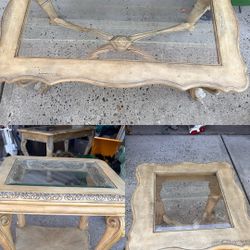 Three Antique Coffee / End Tables With Glass