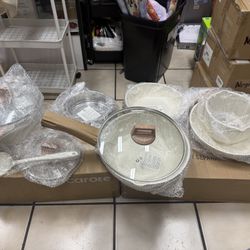 CAROTE Pots and Pans Set Nonstick, White Granite Induction Kitchen Cookware Set, 10 Pcs