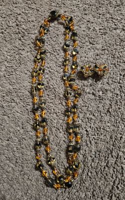 Vintage West Germany Art Glass Bead Necklace & Earrings Set Amber Black Swirl