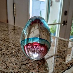 Vintage Egg  Glass Paperweight  ~ Desk Decor ~ Pretty Pink Explosion and Blue Glass Paper Weight 3" Tall