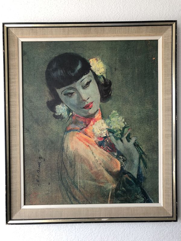 Mid century modern Blue Chinese Girl art print by artist C.C Beall Asian lady lithograph