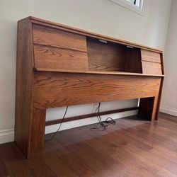 Vintage Mid Century Modern Solid Wood King Size Headboard with Sliding Doors and Power Outlets
