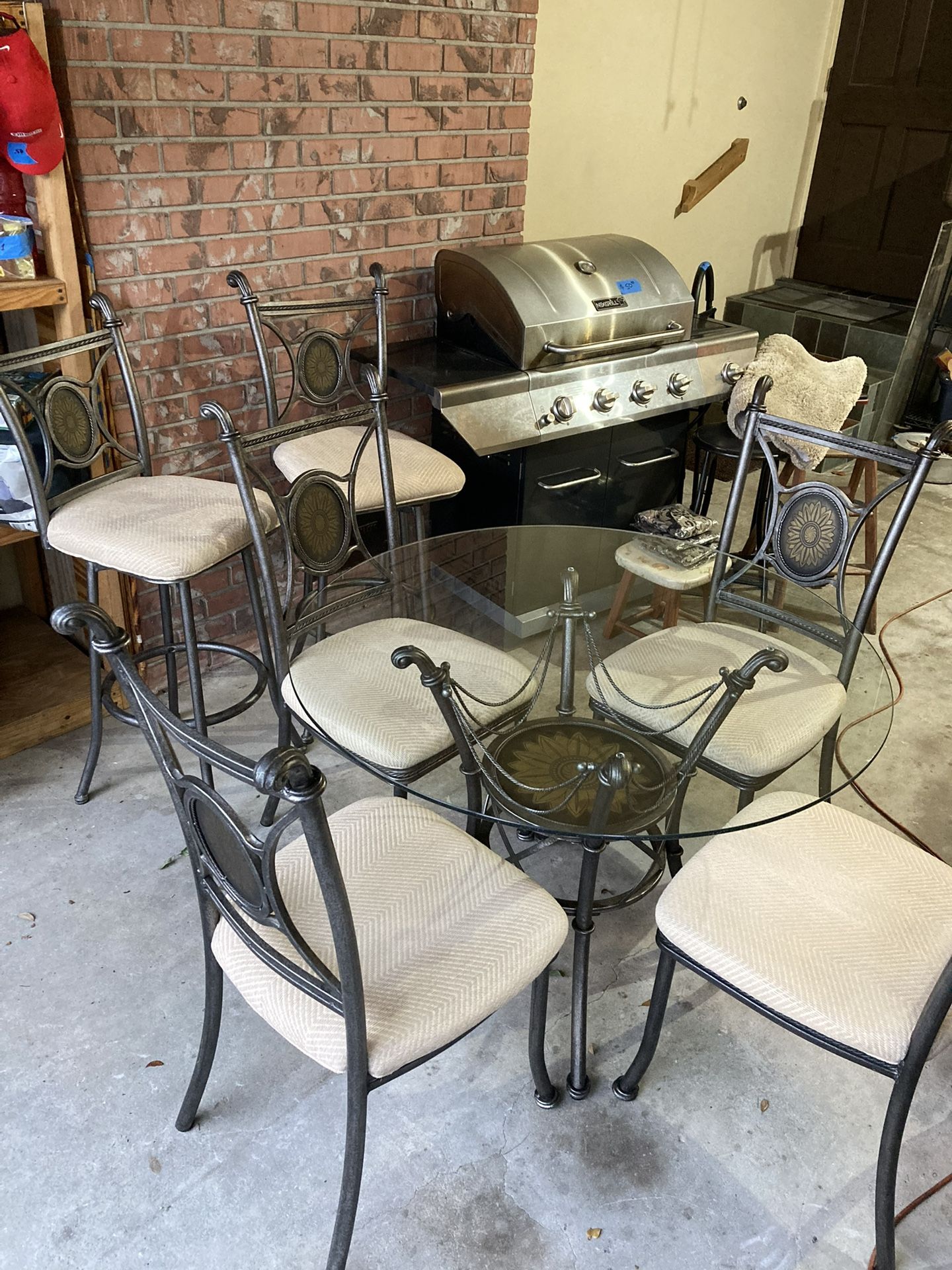Glass Dining Table, 4 Chairs, 2 Bar Stools