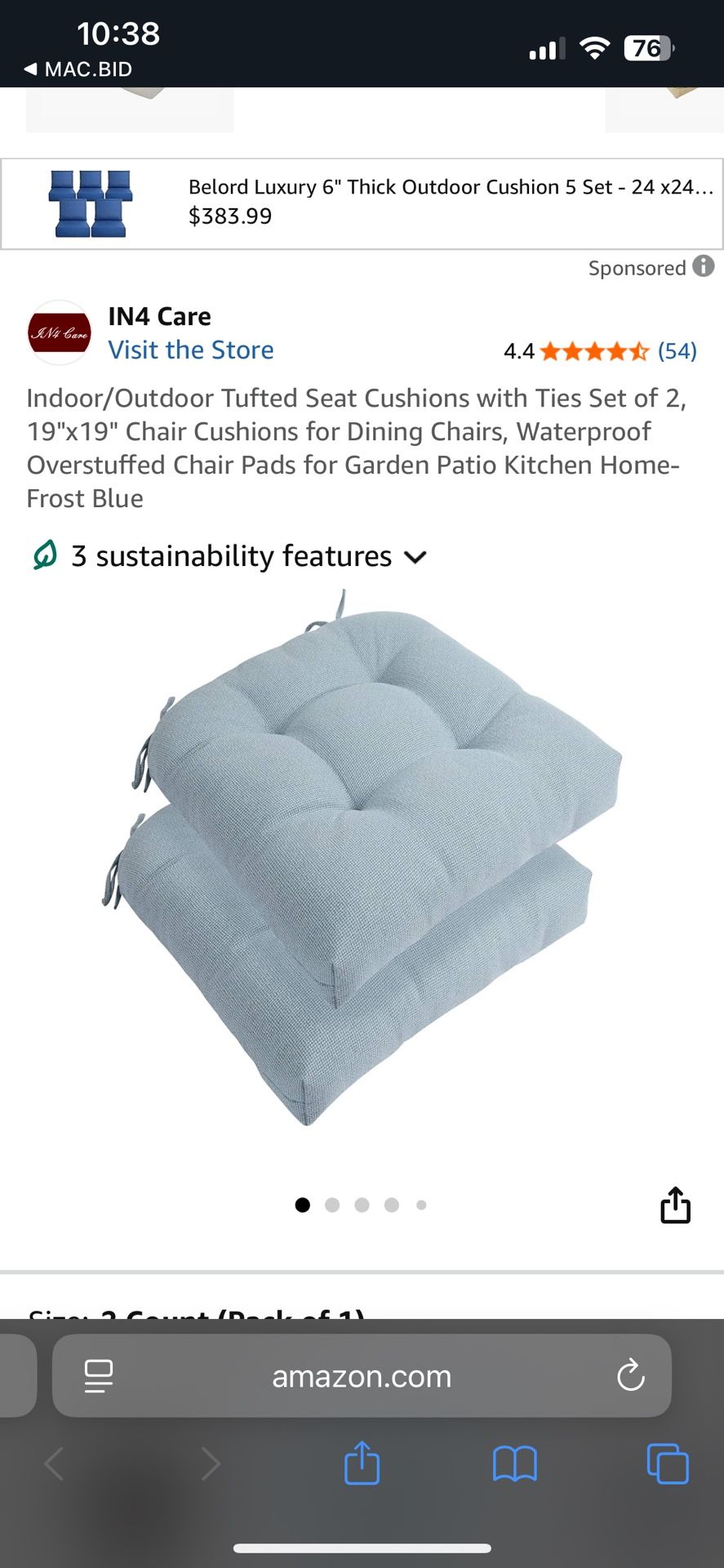 IN4 Care Indoor/Outdoor Tufted Seat Cushions With Ties. Set Of 2. 19”x19”