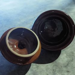 Glazed Ceramic Covered Saucepan in Brown and Olive