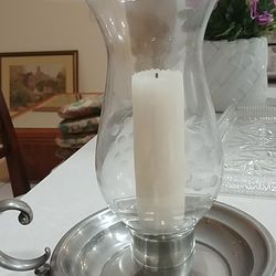 Peuter candle holder with etched glass top. Excellent condition!