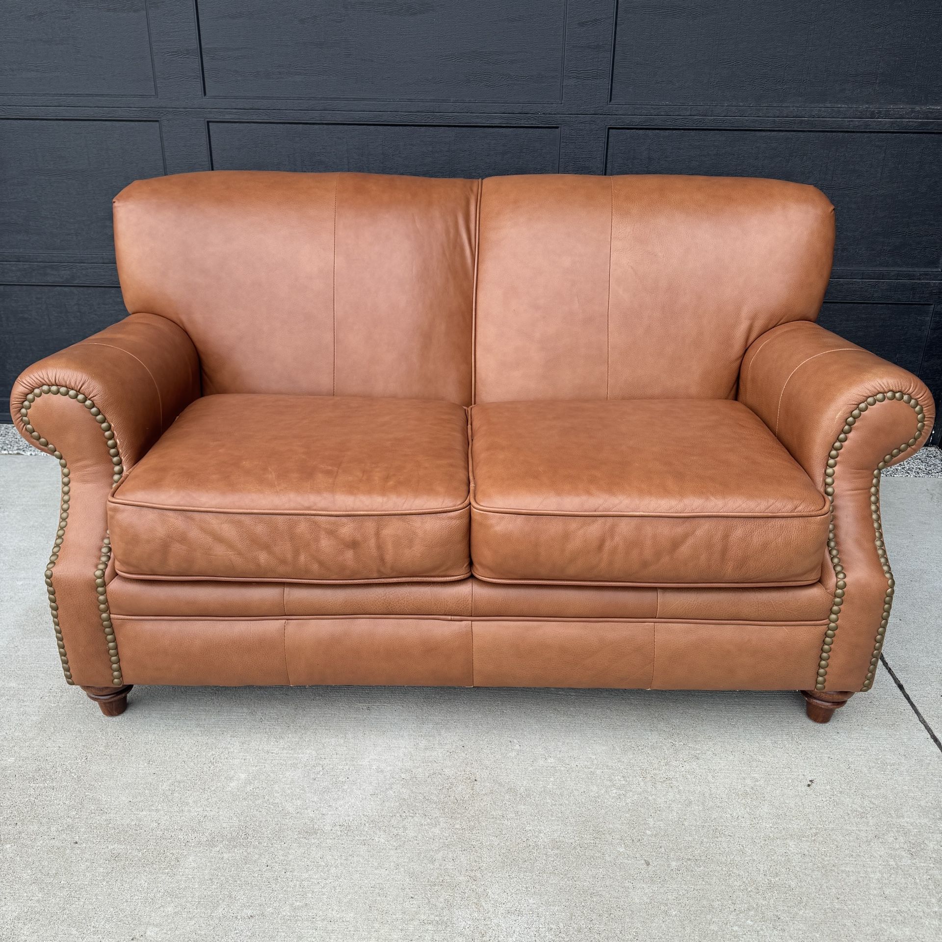 Leather Loveseat Sofa – Rustic Cognac Brown with Nailhead Trim & Rolled Arms