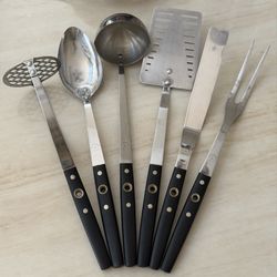 Vintage MCM FLINT Arrowhead Stainless USA Kitchen Utensil Set Black Handle 6Pc