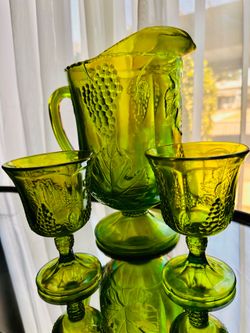 Harvest grape Indiana Glass lime green carnival glass pitcher and goblets set