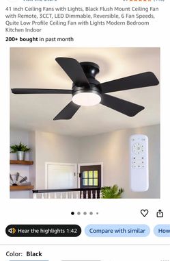 41-Inch Black Flush Mount Ceiling Fan with Light