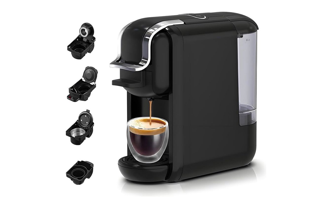 4-in-1 Pods Coffee Maker 19Bar, Compact Design Fast Brew Hot/Cold Single Serve Espresso Machine for K Cup Pods, Nes Original/DG Capsule and Ground Cof