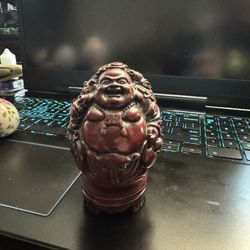 4" RED RESIN LAUGHING BUDDHA IN EGG ~ ZEN SPIRITUAL FIGURE STATUE HEAVY