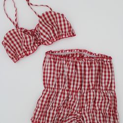 Red White Gingham 2 Piece Set Small Ruched Bralette & Shorts