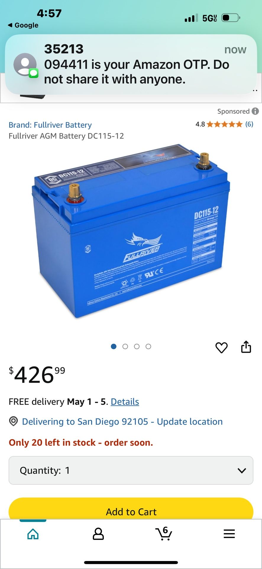 DC115-12 Full RIVER Battery  FOR R.Vs Etc. 