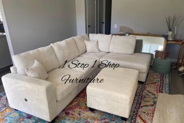Elegant‼️ 3-Pc Ivory Corduroy Sectional Sofa With Storage Ottoman