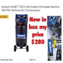 Brand new in  box Kobalt QUIET TECH 26-Gallon Portable Electric 150 PSI Vertical Air Compressor $280 firm don’t ask nothing lower cash only East Palmd