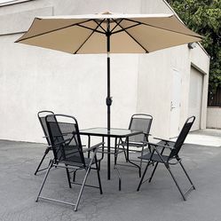 (New in box) $140 Outdoor 6pcs Patio Set with 32x32” Table, 4pc Folding Chairs and 10ft Tilt Umbrella 
