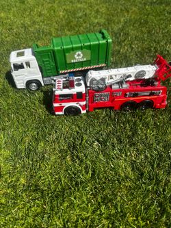 Fire truck and garbage truck. Working lights and sounds.