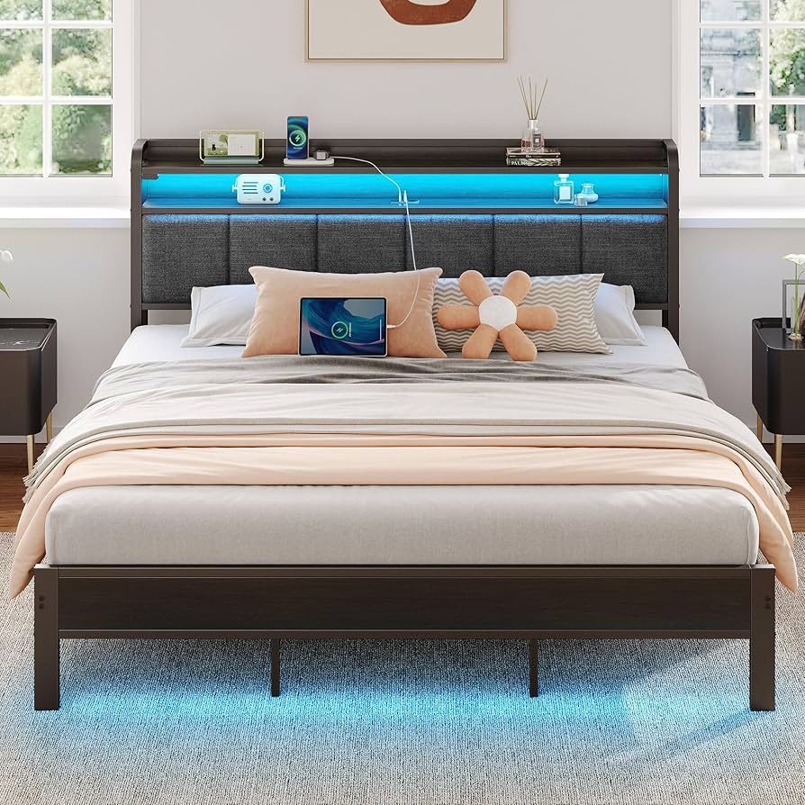0995(BF008)Bed Frame King Size with Charging Station and LED Lights, Upholstered Headboard with Storage Shelves, Heavy Duty Metal Slats, No Box Spring