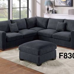 2 COLORS. BLACK OR GRAY CORDUROY SECTIONAL WITH OTTOMAN 