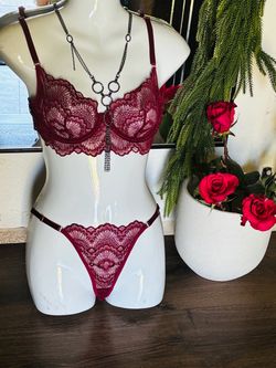 Burgundy Lace Bra and Thong Set