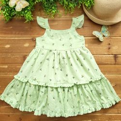 SIZE 4T LIGHT LIME GREEN FLUTTER SLEEVES FLORAL COTTON SWING DRESS 