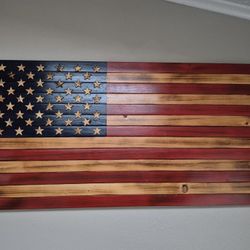 Handcrafted Wooden American Flag Wall Art – Rustic Burnt Wood Design